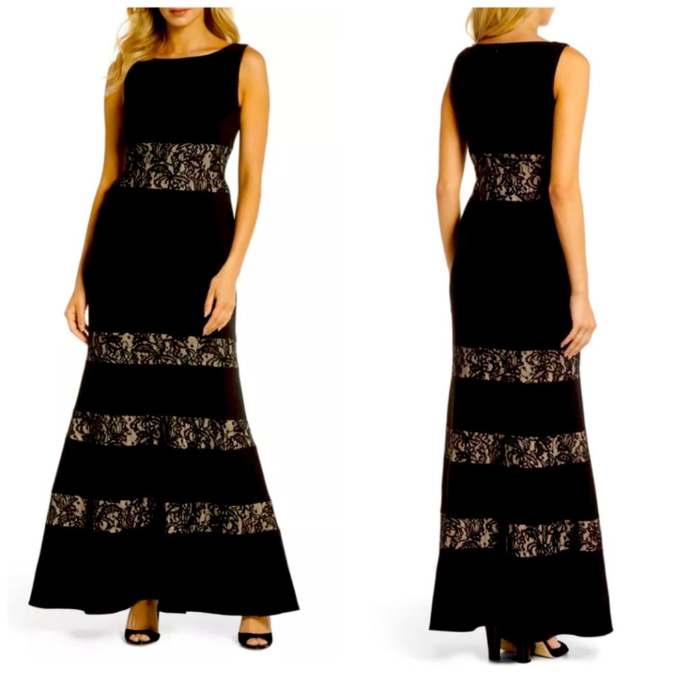 Vince Camuto Black Scuba Crepe Trumpet Gown Formal Dress With Sequins Inset Lace